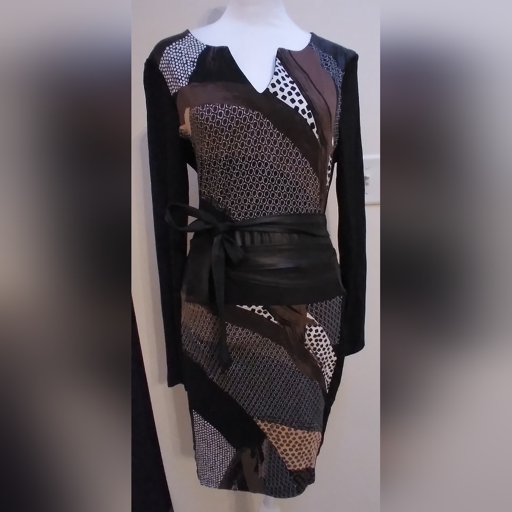Stunning Venus Dress Unique Faux Patchwork Leather Accents Size S